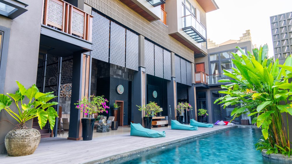 Elite Havens - Villa Moonstone - Private 8-Bedroom Modern Luxury Villa  -  Bali Indonesia - Restful pool and open living area